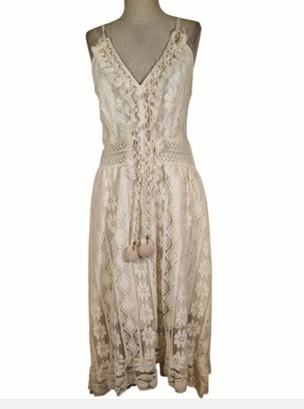 Abercrombie & Fitch Sheath Dress, Ivory/Gold Lace, Sleeveless, High/Low Hem, M